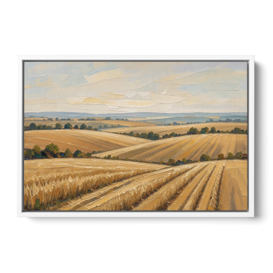 Rolling Hills Landscape Painting in Harvest Gold - White Framed Canvas Wall Art - Front