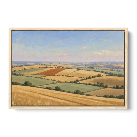Rolling Hills Painting of Golden Hay and Sage - Oak Framed Canvas Wall Art - Front