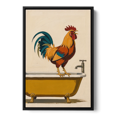 Rooster Crowing at the Bathtub Tap - Black Framed Canvas Wall Art - Front