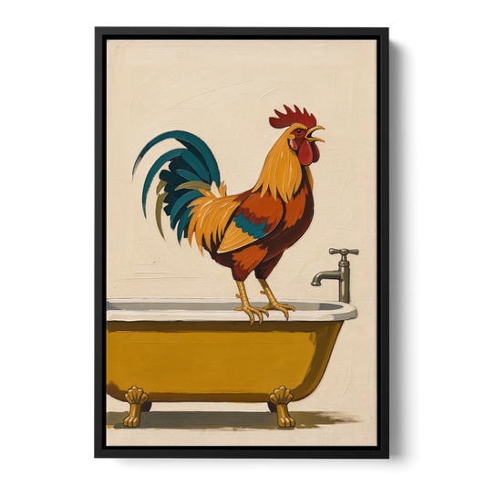 Rooster Crowing at the Bathtub Tap - Black Framed Canvas Wall Art - Front
