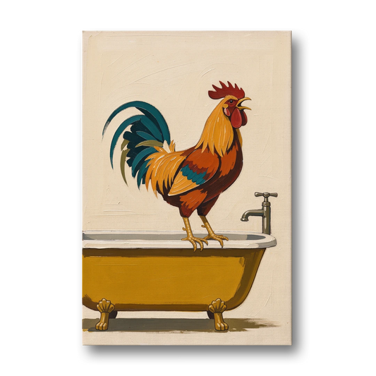 Rooster Crowing at the Bathtub Tap - Canvas Wall Art - Front