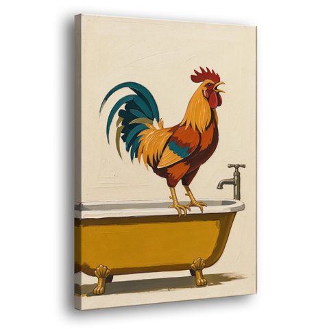 Rooster Crowing at the Bathtub Tap - Canvas Wall Art - Side