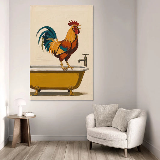 Rooster Crowing at the Bathtub Tap - Canvas Wall Art - Sofa - 40x60
