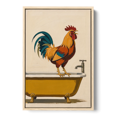 Rooster Crowing at the Bathtub Tap - Oak Framed Canvas Wall Art - Front