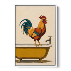 Rooster Crowing at the Bathtub Tap - White Framed Canvas Wall Art - Front