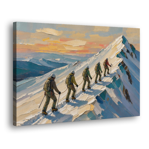 Roped Climbers on a Knife Edge Snow Ridge - Canvas Wall Art - Side