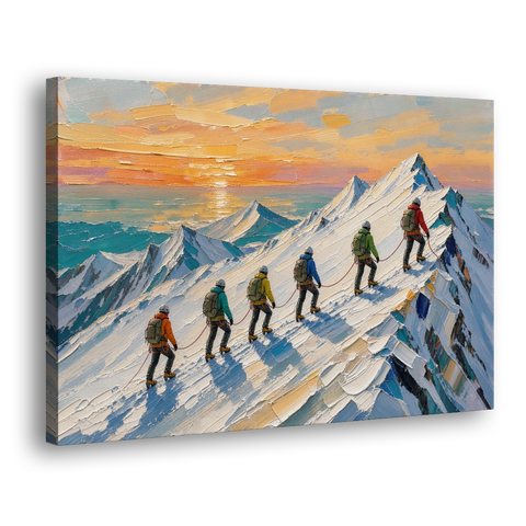 Roped Climbers on a Snowy Ridge at Sunrise - Canvas Wall Art - Side