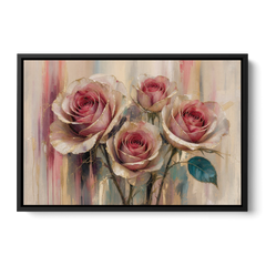 Rose Wall Art of Three Gilded Garden Roses - Black Framed Canvas Wall Art - Front