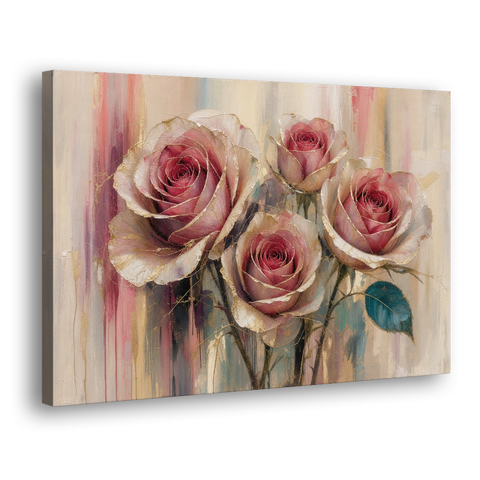 Rose Wall Art of Three Gilded Garden Roses - Canvas Wall Art - Side