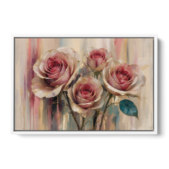 Rose Wall Art of Three Gilded Garden Roses - White Framed Canvas Wall Art - Front