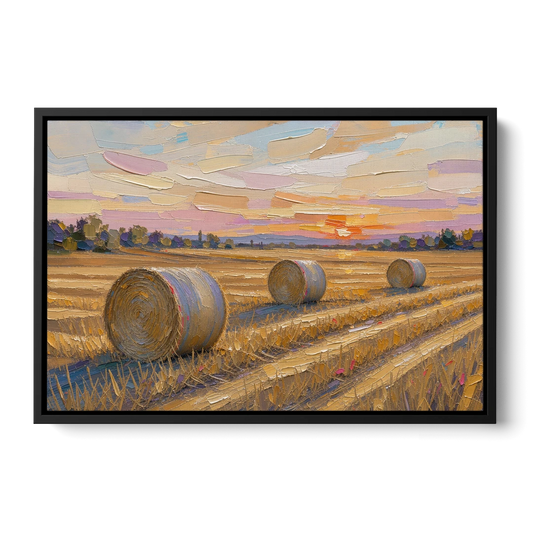 Round Hay Bales on a Golden Harvest Field - Black Framed Canvas Wall Art - Front