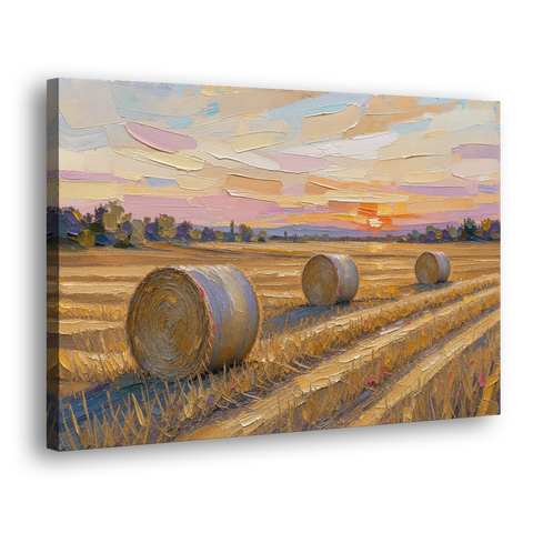 Round Hay Bales on a Golden Harvest Field - Canvas Wall Art - Side