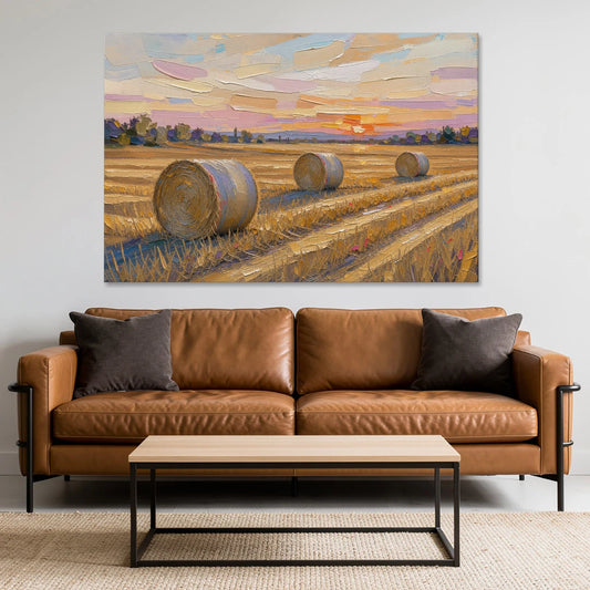 Round Hay Bales on a Golden Harvest Field - Canvas Wall Art - Sofa - 60x40