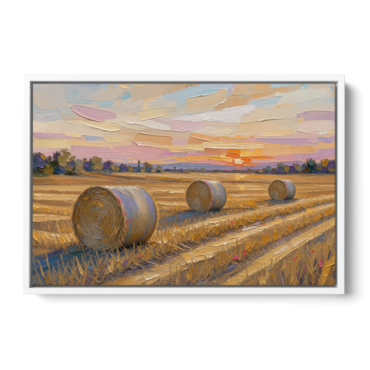 Round Hay Bales on a Golden Harvest Field - White Framed Canvas Wall Art - Front