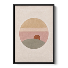 Round Window Landscape with Low Rust Sun - Black Framed Canvas Wall Art - Front