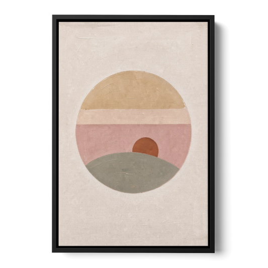 Round Window Landscape with Low Rust Sun - Black Framed Canvas Wall Art - Front