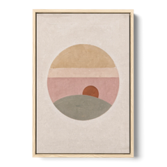 Round Window Landscape with Low Rust Sun - Oak Framed Canvas Wall Art - Front