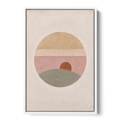 Round Window Landscape with Low Rust Sun - White Framed Canvas Wall Art - Front