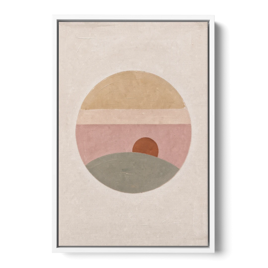 Round Window Landscape with Low Rust Sun - White Framed Canvas Wall Art - Front