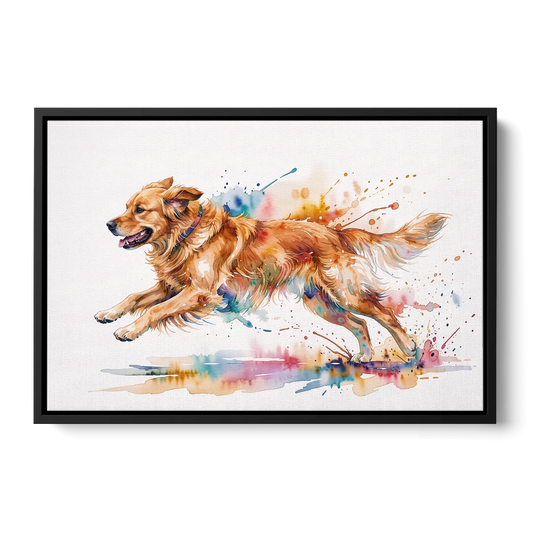 Running Golden Retriever Watercolor - Black Framed Canvas Wall Art - Front