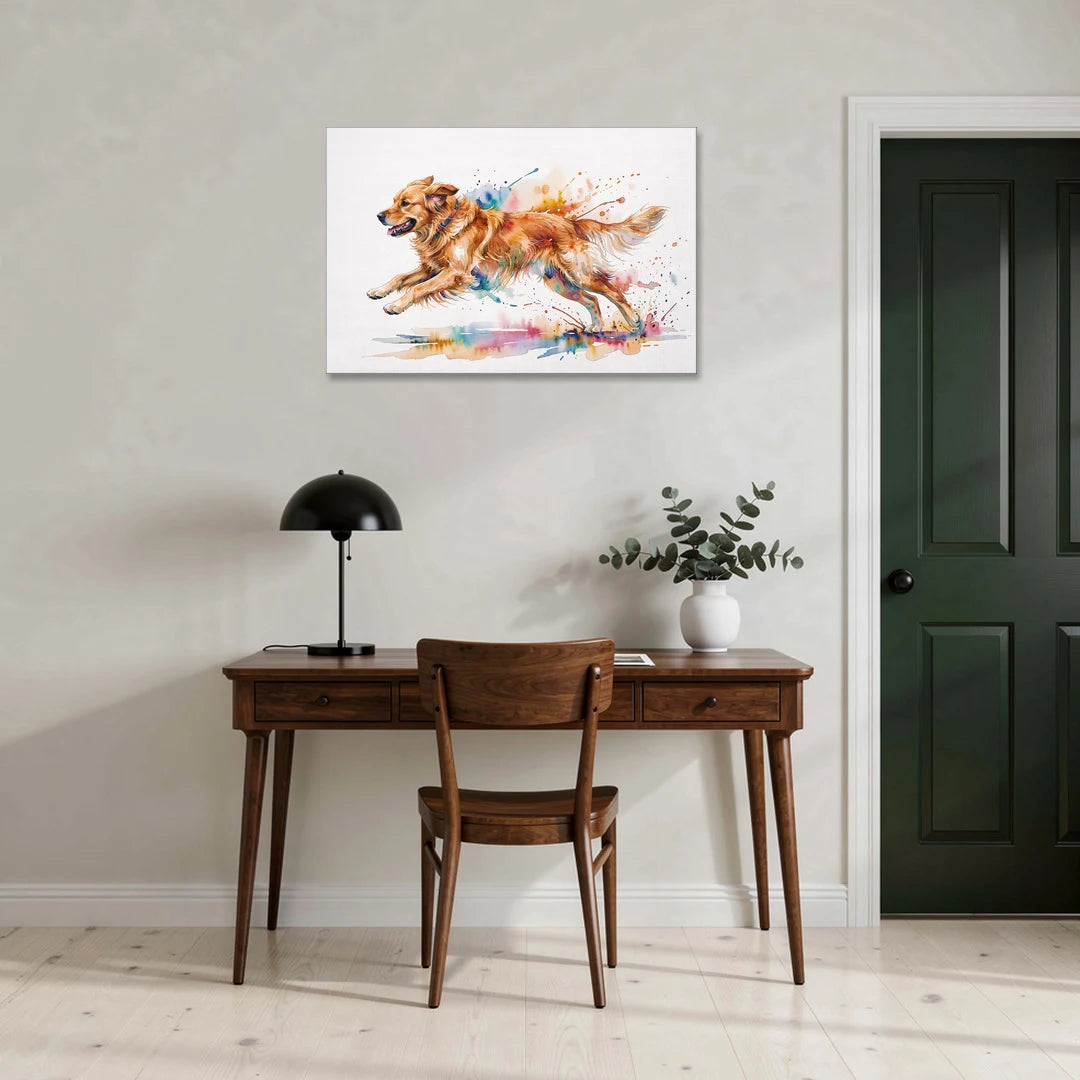 Running Golden Retriever Watercolor - Canvas Wall Art - Office - 36x24