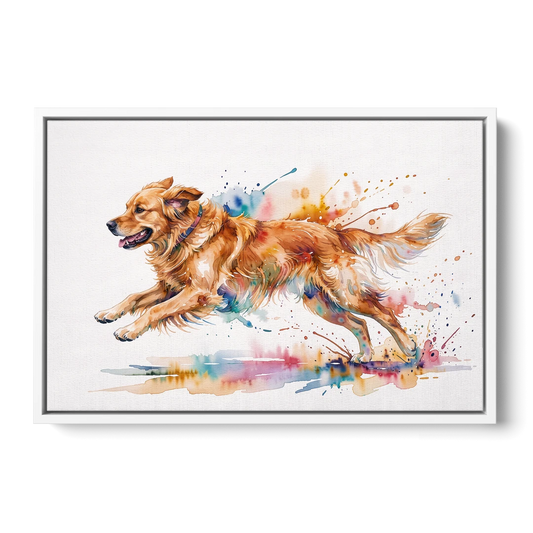 Running Golden Retriever Watercolor - White Framed Canvas Wall Art - Front
