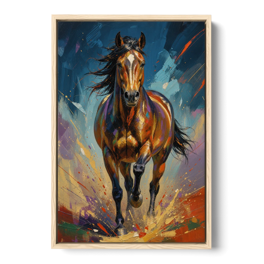 Running Horse Painting Under a Night Sky - Oak Framed Canvas Wall Art - Front