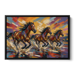 Running Horses Wall Art Splashing Through the River - Black Framed Canvas Wall Art - Front