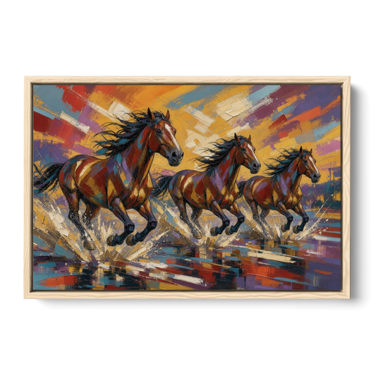 Running Horses Wall Art Splashing Through the River - Oak Framed Canvas Wall Art - Front
