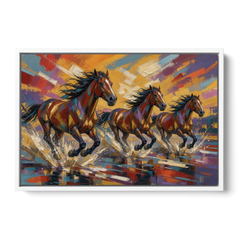 Running Horses Wall Art Splashing Through the River - White Framed Canvas Wall Art - Front