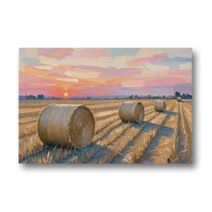 Rural Landscape Painting of Hay Bales at Sunset - Canvas Wall Art - Front