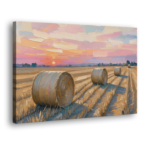 Rural Landscape Painting of Hay Bales at Sunset - Canvas Wall Art - Side