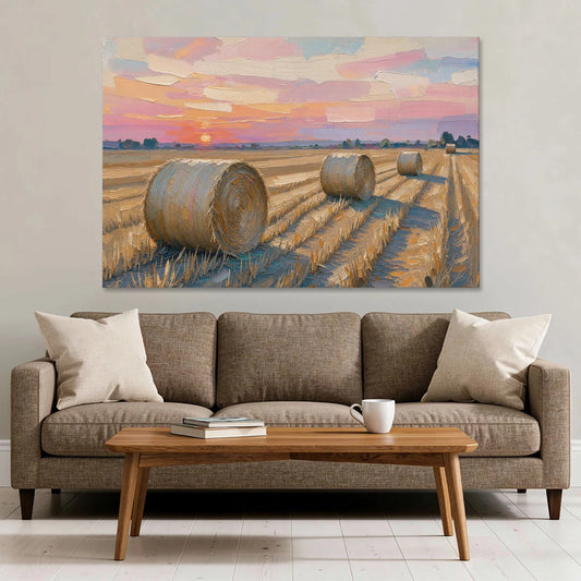 Rural Landscape Painting of Hay Bales at Sunset - Canvas Wall Art - Sofa - 60x40