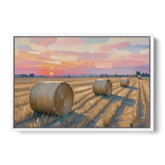 Rural Landscape Painting of Hay Bales at Sunset - White Framed Canvas Wall Art - Front