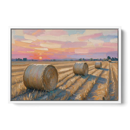 Rural Landscape Painting of Hay Bales at Sunset - White Framed Canvas Wall Art - Front