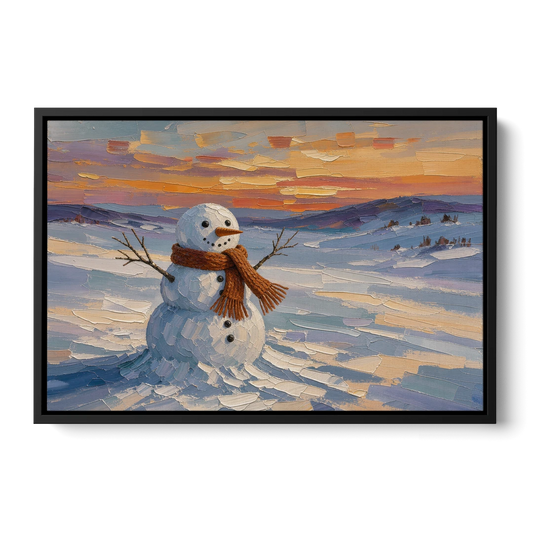 Rust Scarf Snowman at Dusk in Winter - Black Framed Canvas Wall Art - Front