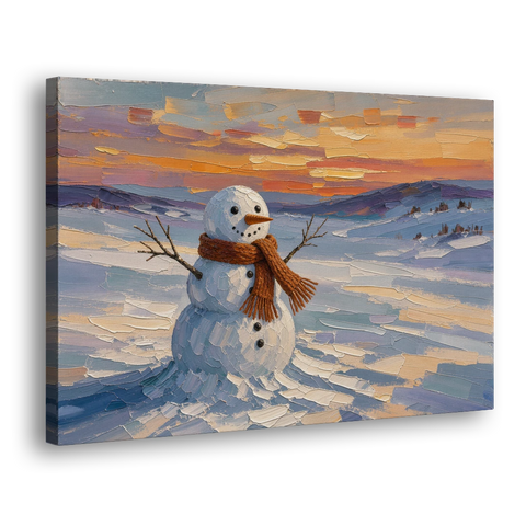 Rust Scarf Snowman at Dusk in Winter - Canvas Wall Art - Side