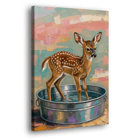 Rustic Bathroom Wall Art Fawn in a Washtub - Canvas Wall Art - Side