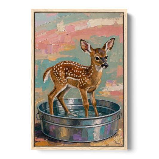 Rustic Bathroom Wall Art Fawn in a Washtub - Oak Framed Canvas Wall Art - Front