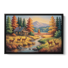 Rustic Cabin Deer Scene - Black Framed Canvas Wall Art - Front