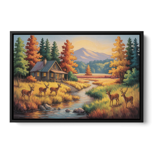 Rustic Cabin Deer Scene - Black Framed Canvas Wall Art - Front