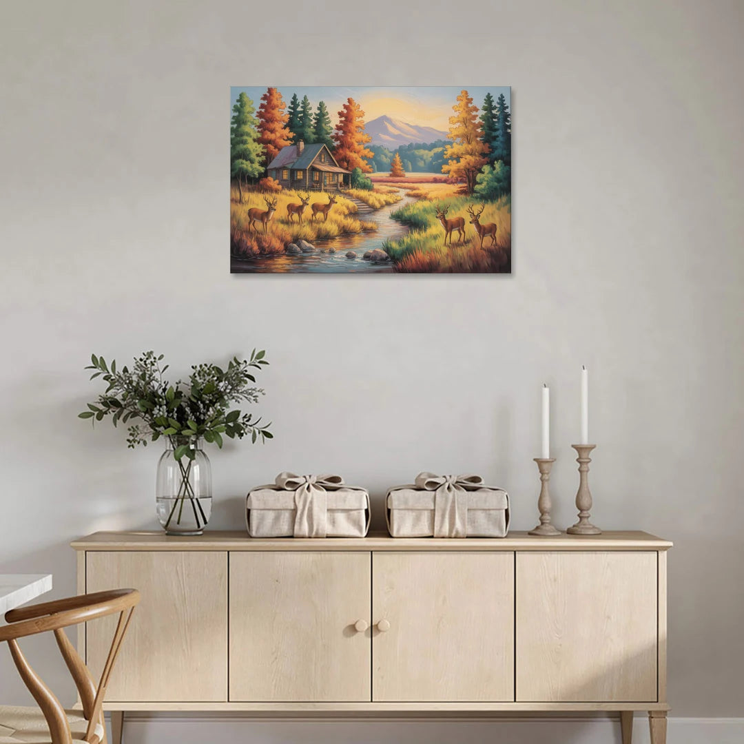 Rustic Cabin Deer Scene - Canvas Wall Art - Coffee Table - 36x24