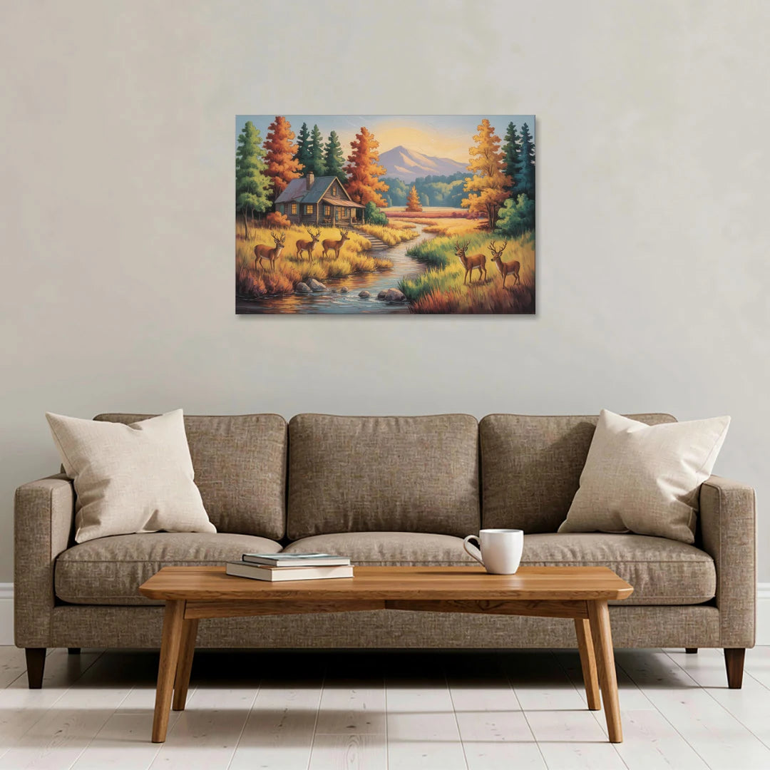 Rustic Cabin Deer Scene - Canvas Wall Art - Sofa - 36x24