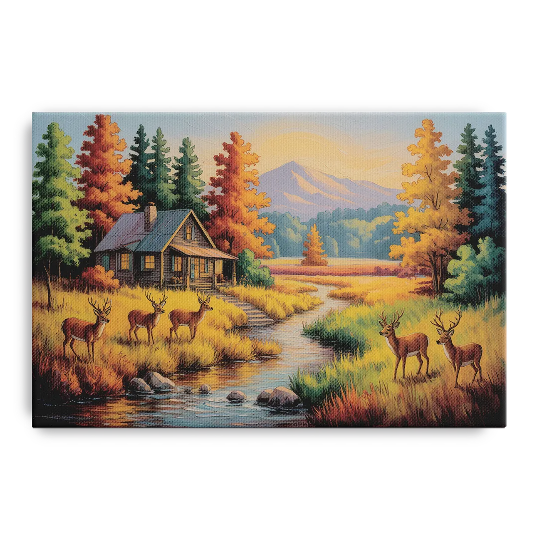 Rustic Cabin Deer Scene - Canvas Wall Art