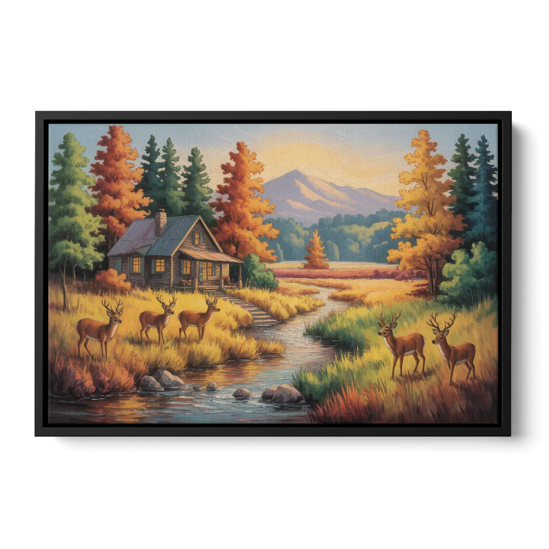 Rustic Cabin Deer Scene - Black Frame Canvas