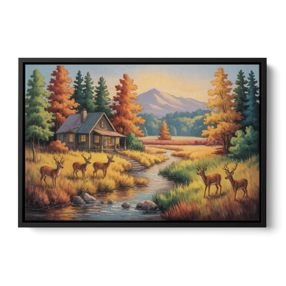 Rustic Cabin Deer Scene - Black Frame Canvas