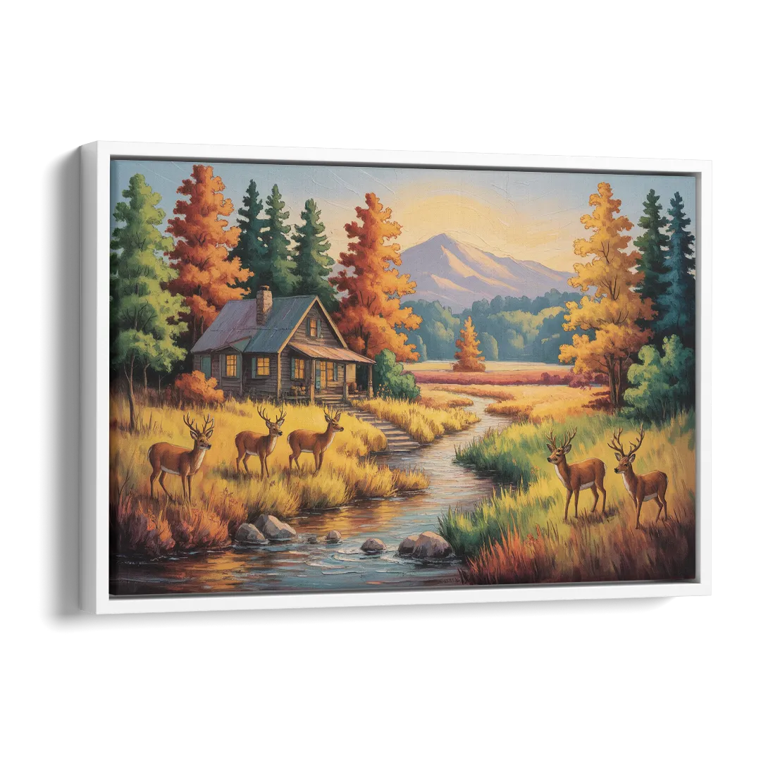 Rustic Cabin Deer Scene Side - White Canvas Wall Art