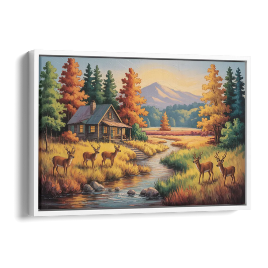 Rustic Cabin Deer Scene Side - White Canvas Wall Art