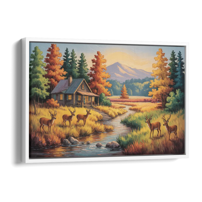 Rustic Cabin Deer Scene Side - White Canvas Wall Art