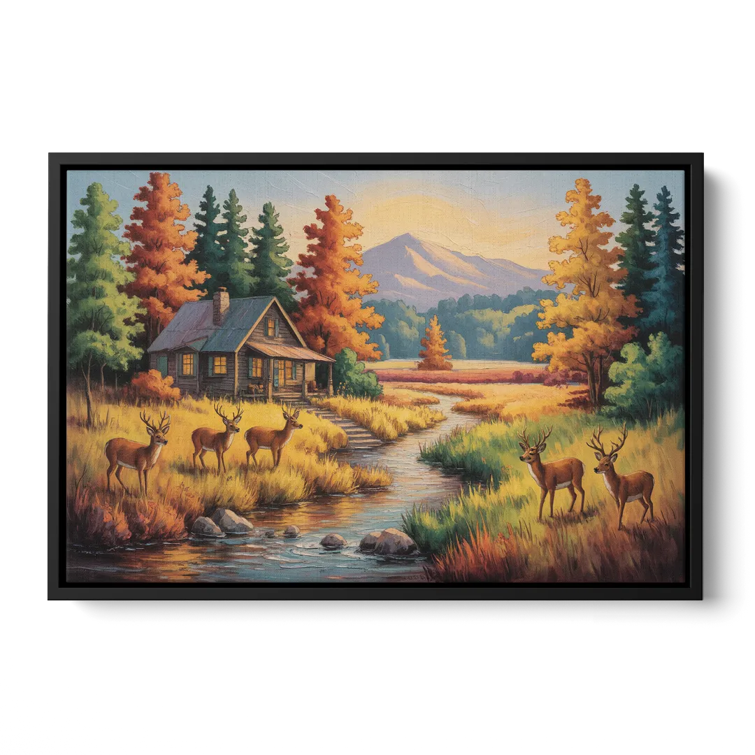 Rustic Cabin Deer Scene Front - Black Canvas Wall Art